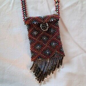 Beaded Necklace Pouch Fringe Tassels Medicine Bag Blue Maroon white